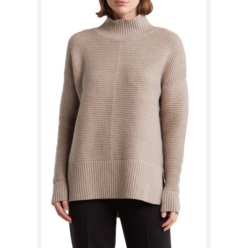 Sweet Romeo Womens Sz S Ribbed Mock Neck Pullover Sweater Beige Casual Top